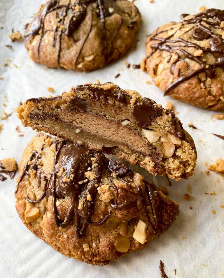 peanut cookies stuffed with chocolate candies, thick and cakey