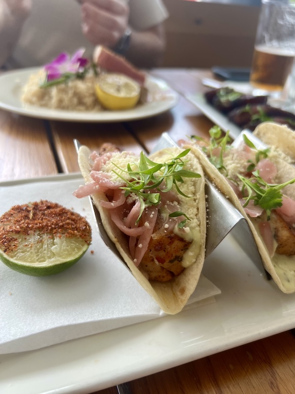 Blackened mahi, soft flour tortilla, green tomatillo & avocado tartar, pickle onion, cotija cheese