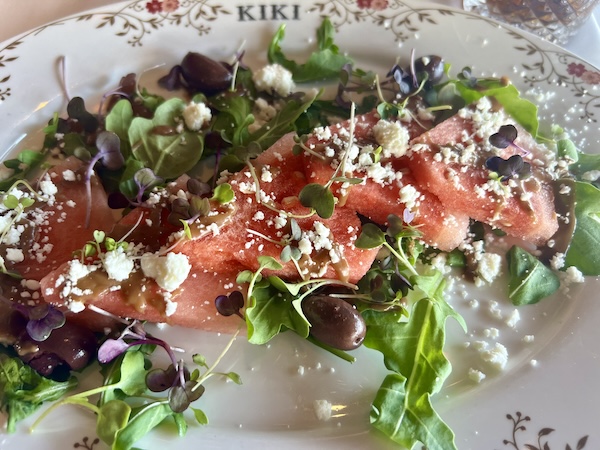 Watermelon salad with vinaigrette and feta cheese