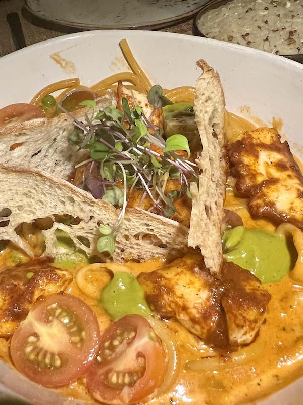 Noodles and seafood in chupe sauce, huacatay, rocoto aioli