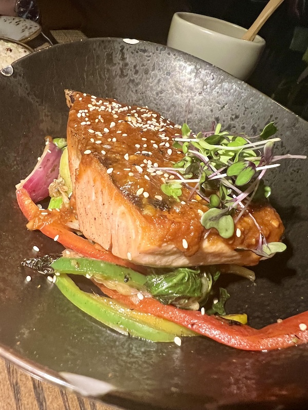 peruvian steelhead trout glazed with ssamjang, seasonal veggies, panca kimchi and white chaufa